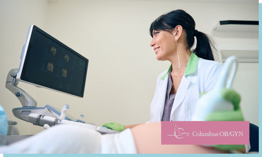 OB/GYN performing prenatal ultrasound screening on pregnant patient